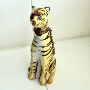 LIMOGES FRANCE SITTING TIGER STRIPED JUNGLE CAT BOX HAND PAINTED PORCELAIN